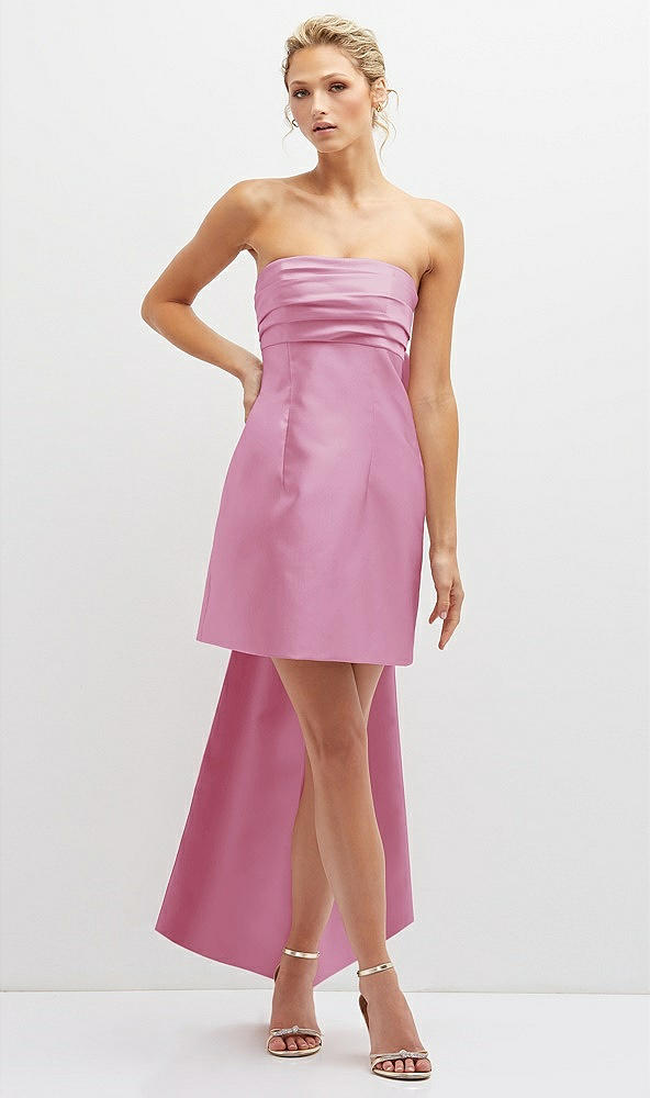 Front View - Powder Pink Strapless Satin Column Mini Dress with Oversized Bow