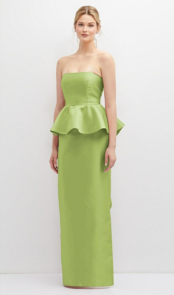 Front View - Mojito Strapless Satin Maxi Dress with Cascade Ruffle Peplum Detail