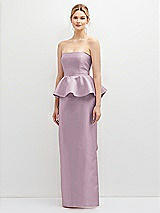 Front View Thumbnail - Suede Rose Strapless Satin Maxi Dress with Cascade Ruffle Peplum Detail