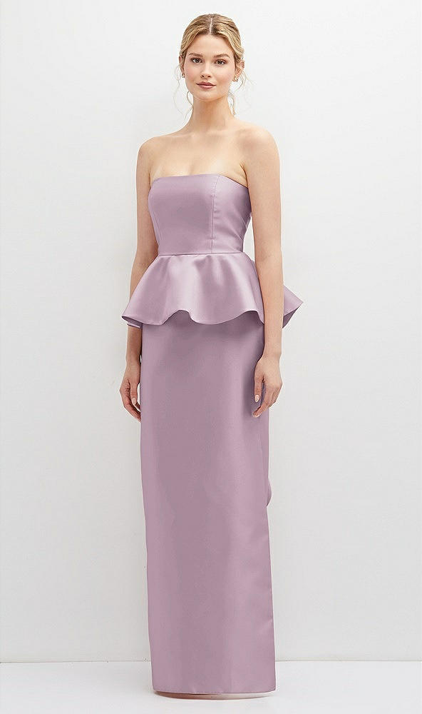 Front View - Suede Rose Strapless Satin Maxi Dress with Cascade Ruffle Peplum Detail