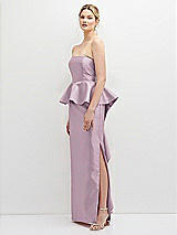 Side View Thumbnail - Suede Rose Strapless Satin Maxi Dress with Cascade Ruffle Peplum Detail