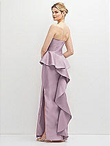 Rear View Thumbnail - Suede Rose Strapless Satin Maxi Dress with Cascade Ruffle Peplum Detail