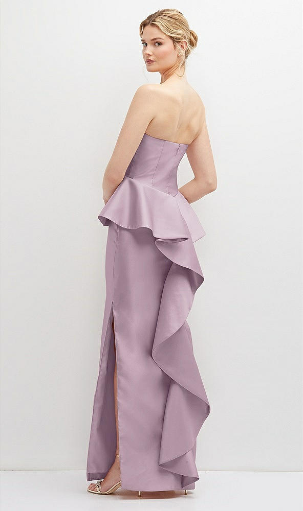 Back View - Suede Rose Strapless Satin Maxi Dress with Cascade Ruffle Peplum Detail