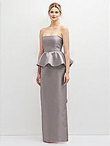 Front View Thumbnail - Cashmere Gray Strapless Satin Maxi Dress with Cascade Ruffle Peplum Detail