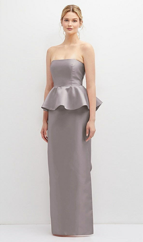 Front View - Cashmere Gray Strapless Satin Maxi Dress with Cascade Ruffle Peplum Detail