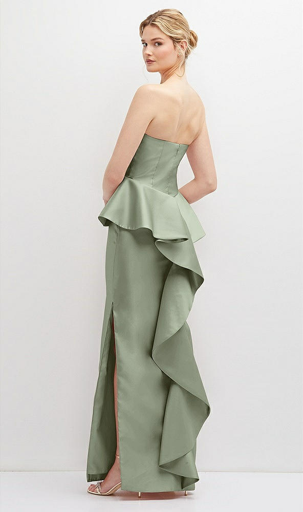 Back View - Sage Strapless Satin Maxi Dress with Cascade Ruffle Peplum Detail