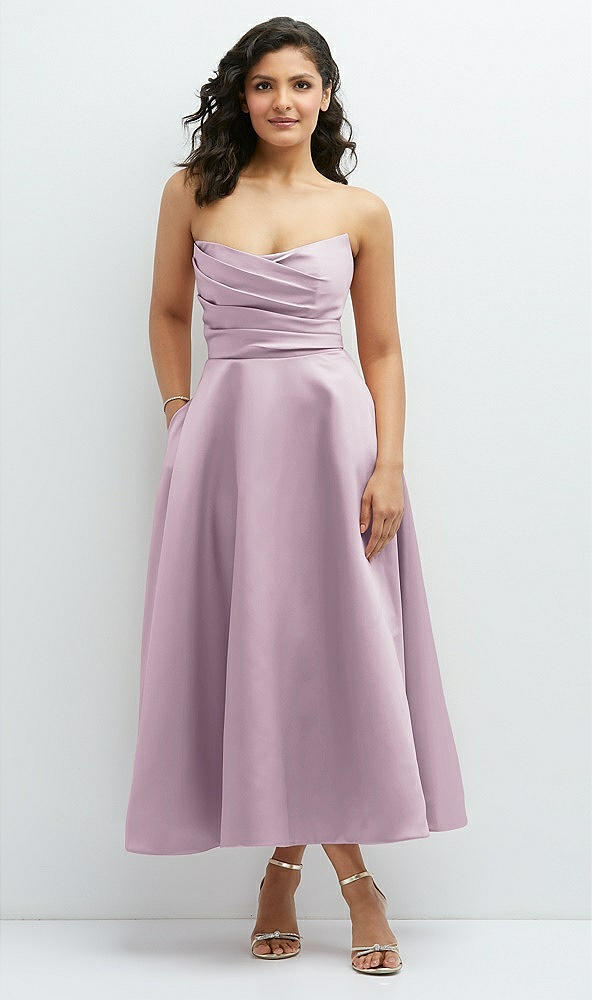 Front View - Suede Rose Draped Bodice Strapless Satin Midi Dress with Full Circle Skirt