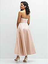 Rear View Thumbnail - Cameo Draped Bodice Strapless Satin Midi Dress with Full Circle Skirt