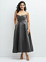 Front View Thumbnail - Pewter Draped Bodice Strapless Satin Midi Dress with Full Circle Skirt