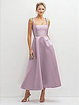 Front View Thumbnail - Suede Rose Square Neck Satin Midi Dress with Full Skirt & Pockets