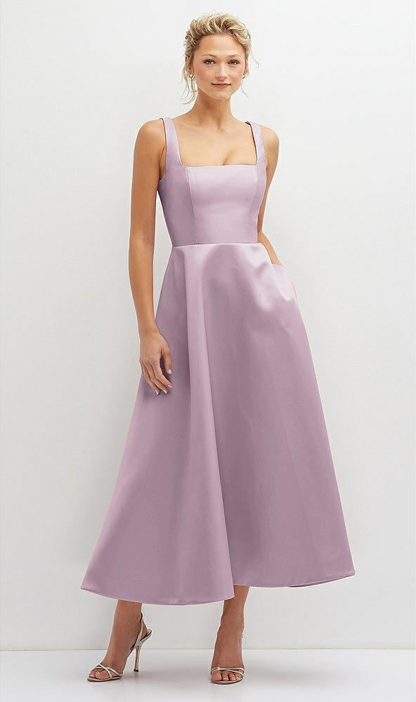 Front View - Suede Rose Square Neck Satin Midi Dress with Full Skirt & Pockets