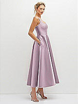 Side View Thumbnail - Suede Rose Square Neck Satin Midi Dress with Full Skirt & Pockets