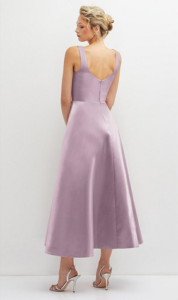 Back View - Suede Rose Square Neck Satin Midi Dress with Full Skirt & Pockets