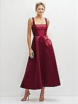 Front View Thumbnail - Burgundy Square Neck Satin Midi Dress with Full Skirt & Pockets