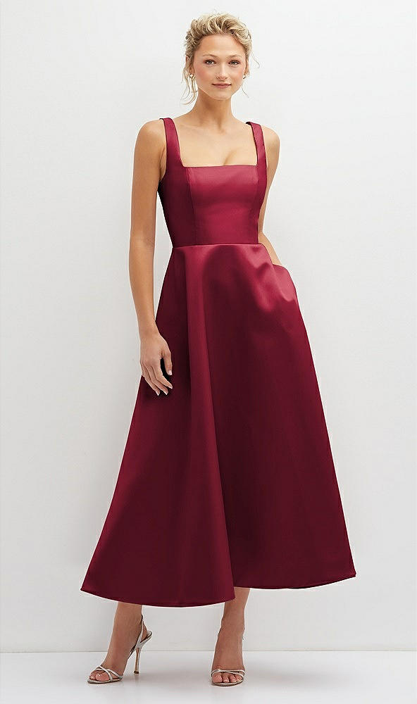 Front View - Burgundy Square Neck Satin Midi Dress with Full Skirt & Pockets
