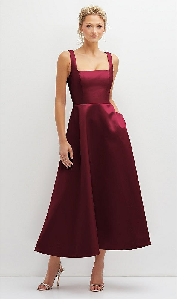 Front View - Cabernet Square Neck Satin Midi Dress with Full Skirt & Pockets