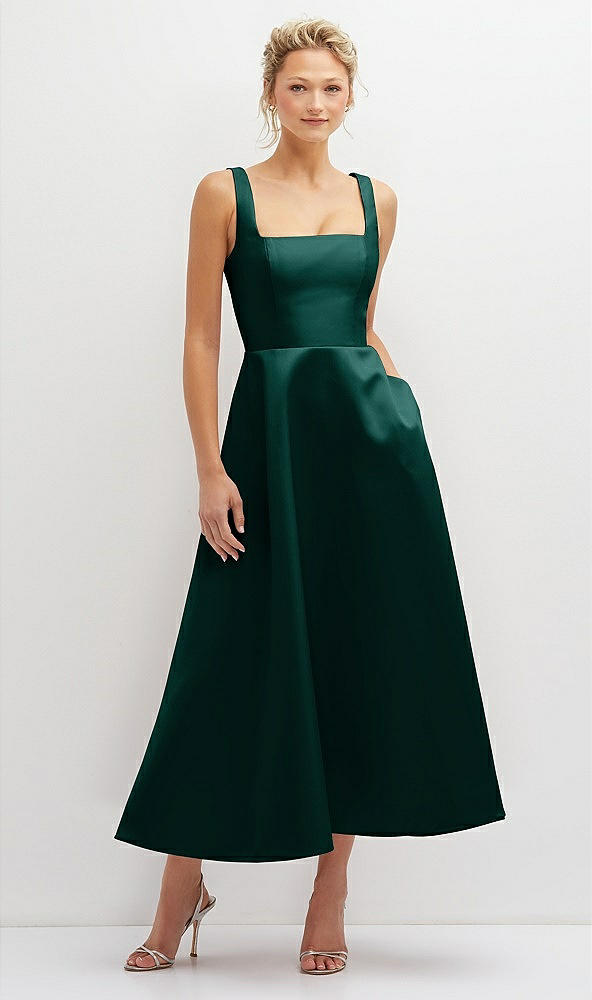 Front View - Evergreen Square Neck Satin Midi Dress with Full Skirt & Pockets