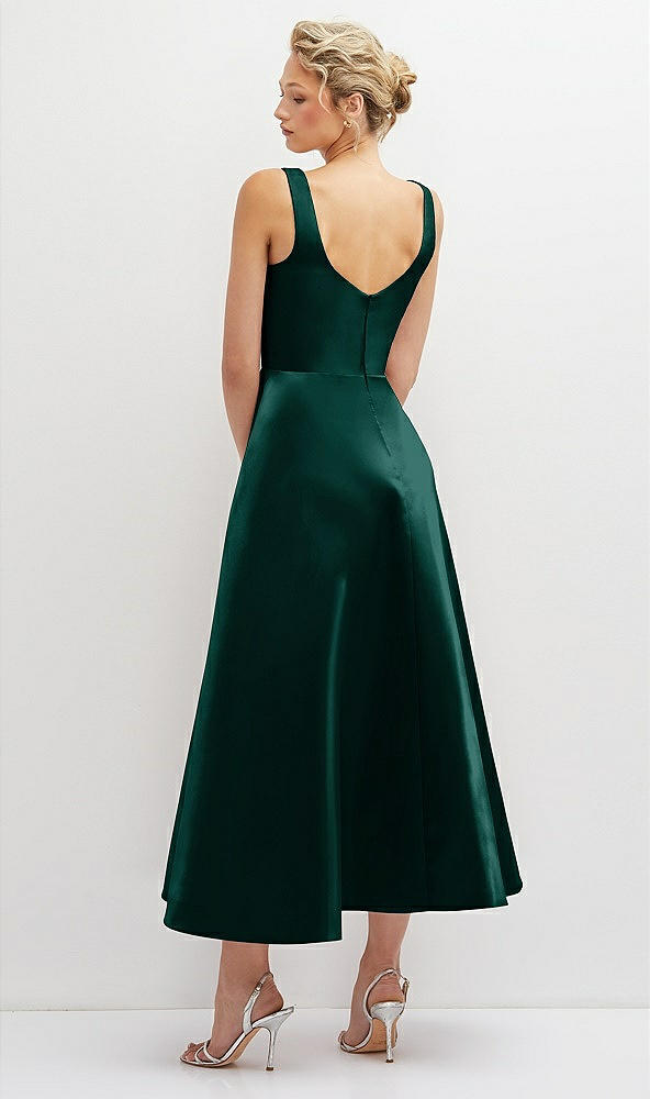 Back View - Evergreen Square Neck Satin Midi Dress with Full Skirt & Pockets