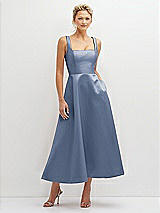 Front View Thumbnail - Larkspur Blue Square Neck Satin Midi Dress with Full Skirt & Pockets