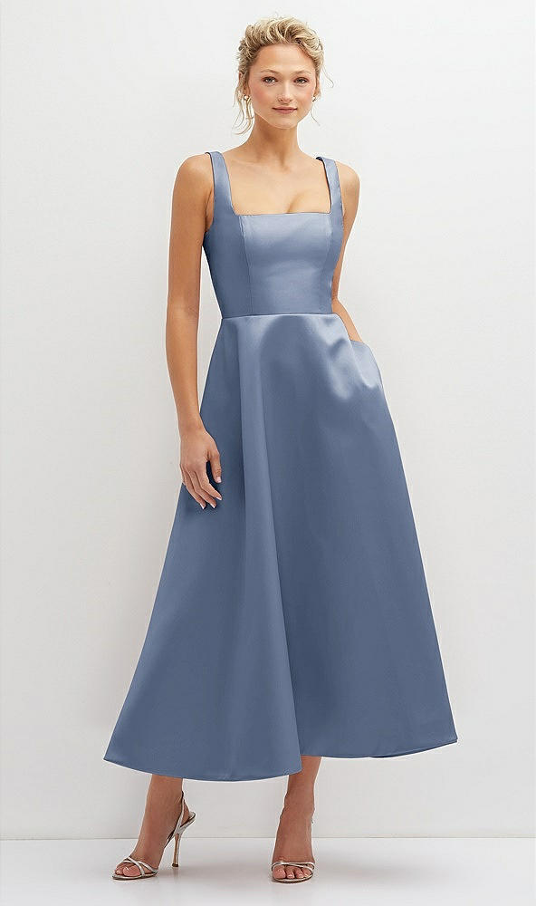 Front View - Larkspur Blue Square Neck Satin Midi Dress with Full Skirt & Pockets