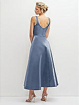 Rear View Thumbnail - Larkspur Blue Square Neck Satin Midi Dress with Full Skirt & Pockets