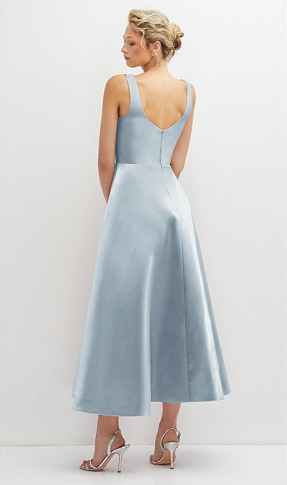Back View - Mist Square Neck Satin Midi Dress with Full Skirt & Pockets