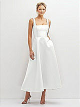 Front View Thumbnail - White Square Neck Satin Midi Dress with Full Skirt & Pockets