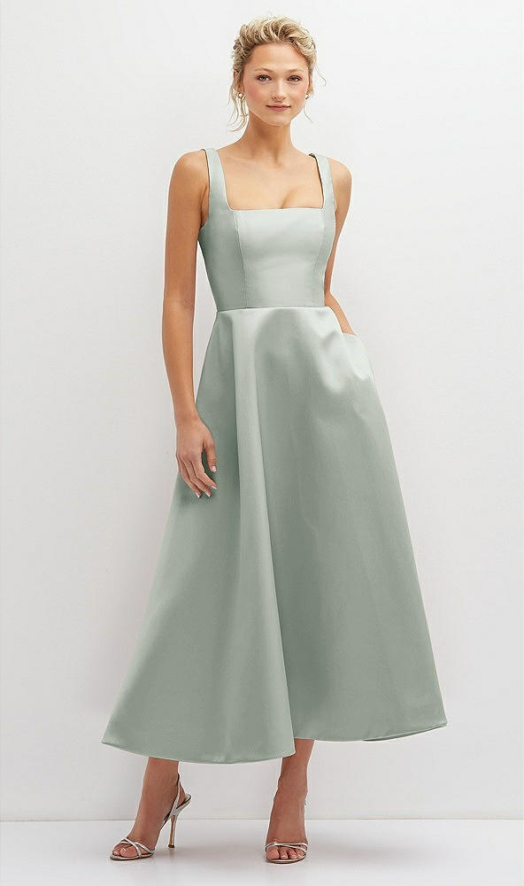 Front View - Willow Green Square Neck Satin Midi Dress with Full Skirt & Pockets