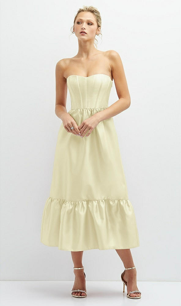 Front View - Butter Yellow Strapless Satin Midi Corset Dress with Lace-Up Back & Ruffle Hem