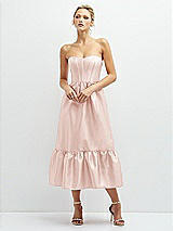 Front View Thumbnail - Blush Strapless Satin Midi Corset Dress with Lace-Up Back & Ruffle Hem