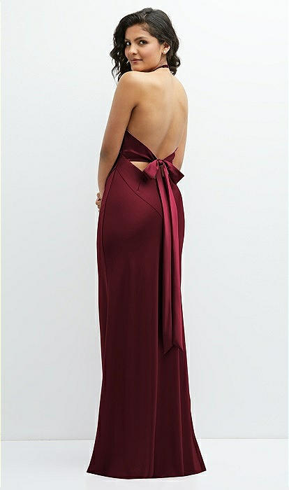 Plunge Halter Open-back Maxi Bias Bridesmaid Dress With Low Tie