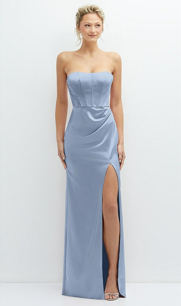 Front View - Cloudy Strapless Topstitched Corset Satin Maxi Dress with Draped Column Skirt