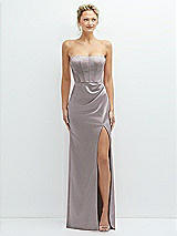 Front View Thumbnail - Cashmere Gray Strapless Topstitched Corset Satin Maxi Dress with Draped Column Skirt