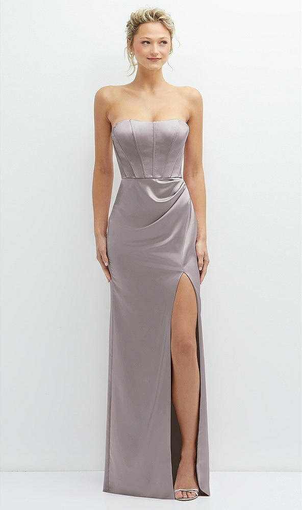 Front View - Cashmere Gray Strapless Topstitched Corset Satin Maxi Dress with Draped Column Skirt