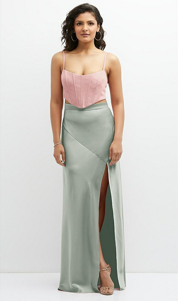 Front View - Willow Green Satin Mix-and-Match High Waist Seamed Bias Skirt
