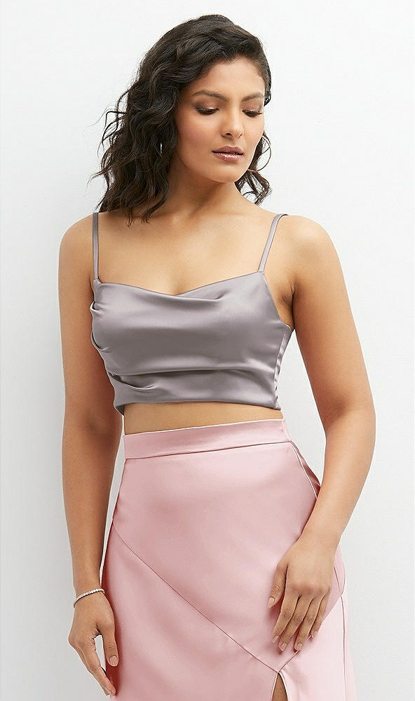 Front View - Cashmere Gray Satin Mix-and-Match Draped Midriff Top
