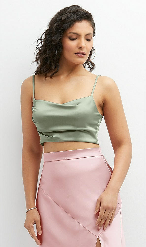 Front View - Sage Satin Mix-and-Match Draped Midriff Top