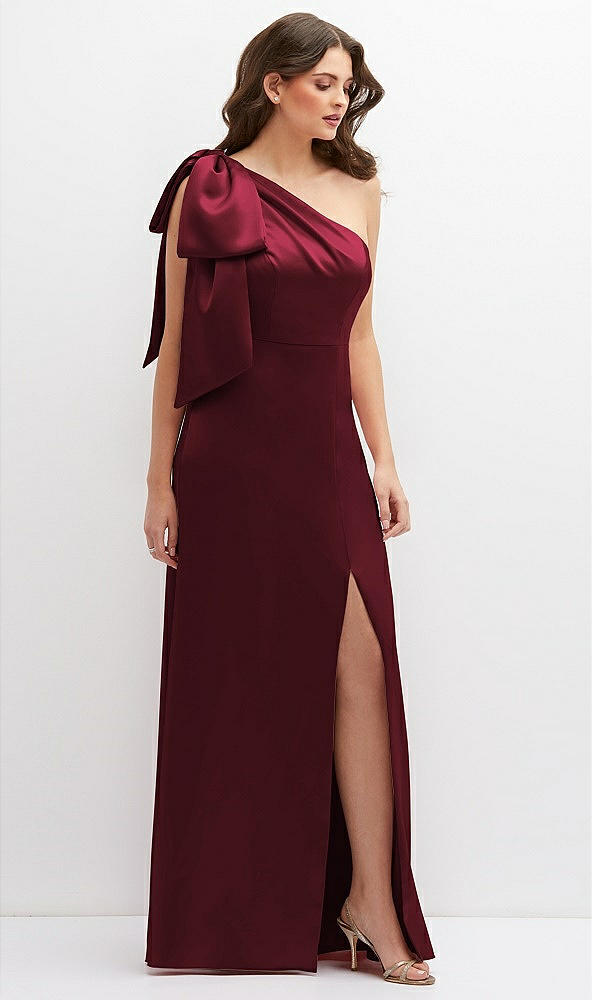 Front View - Cabernet One-Shoulder Satin Maxi Dress with Chic Oversized Shoulder Bow