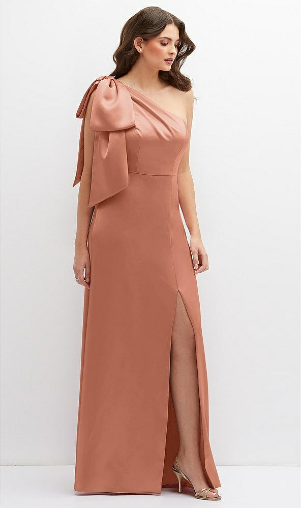 Front View - Copper Penny One-Shoulder Satin Maxi Dress with Chic Oversized Shoulder Bow