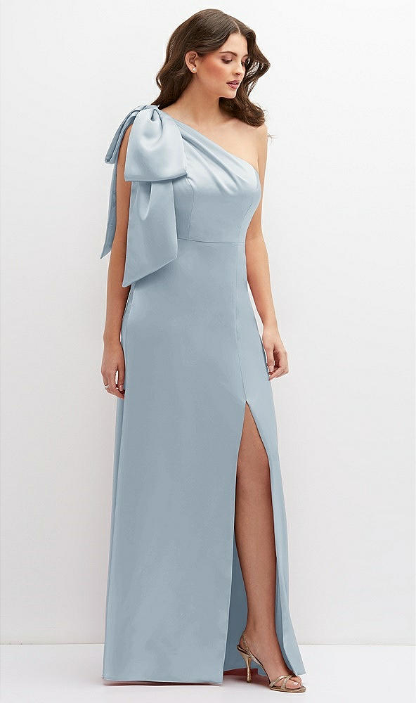 Front View - Mist One-Shoulder Satin Maxi Dress with Chic Oversized Shoulder Bow