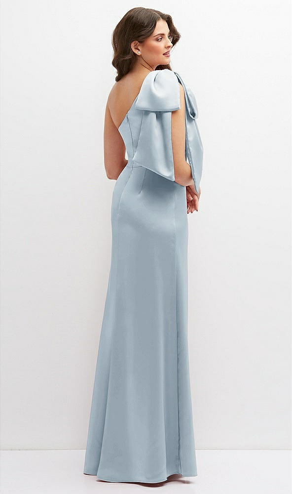 Back View - Mist One-Shoulder Satin Maxi Dress with Chic Oversized Shoulder Bow