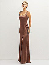 Side View Thumbnail - Cognac Square-Neck Satin A-line Maxi Dress with Front Slit