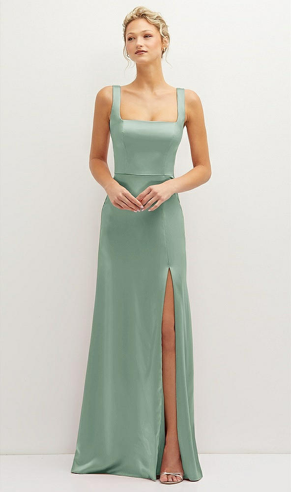 Front View - Seagrass Square-Neck Satin A-line Maxi Dress with Front Slit