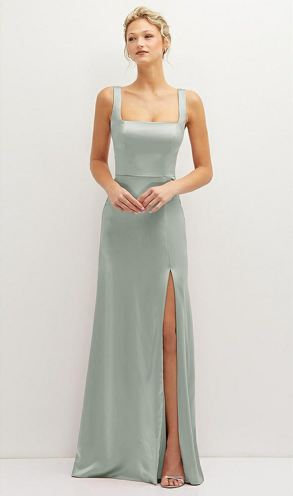 Front View - Willow Green Square-Neck Satin A-line Maxi Dress with Front Slit