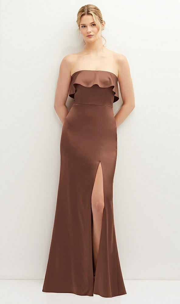 Front View - Cognac Soft Ruffle Cuff Strapless Trumpet Dress with Front Slit