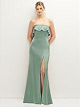 Front View Thumbnail - Seagrass Soft Ruffle Cuff Strapless Trumpet Dress with Front Slit