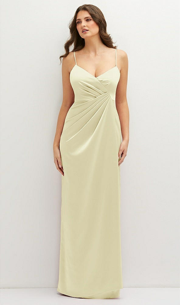 Front View - Butter Yellow Asymmetrical Draped Pleat Wrap Satin Maxi Dress