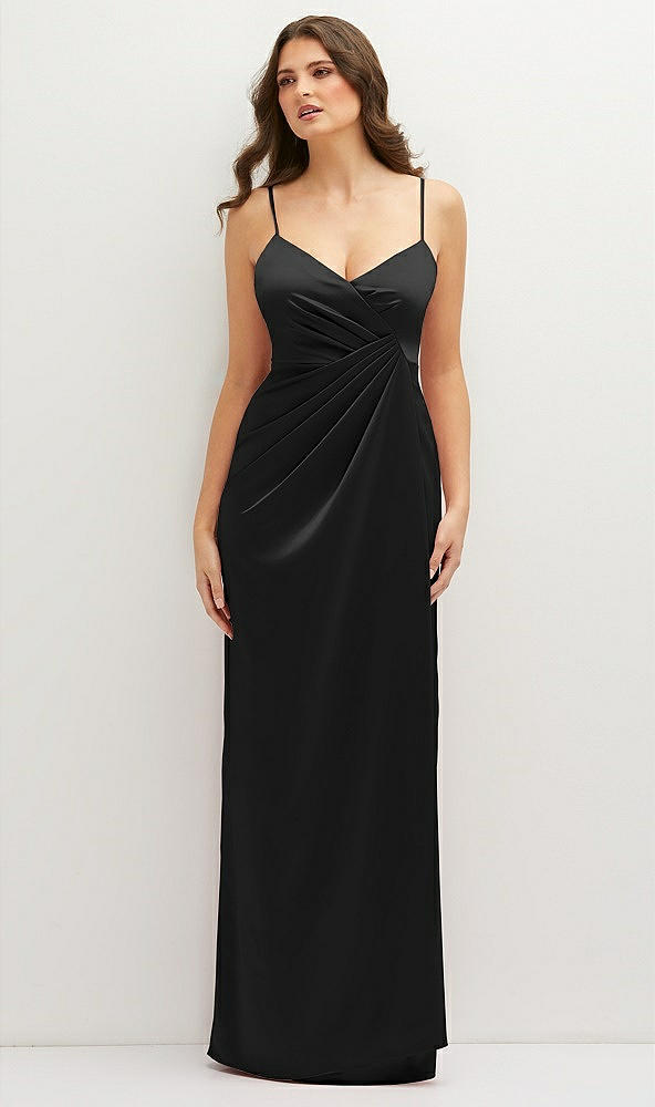 Front View - Black Asymmetrical Draped Pleat Wrap Satin Maxi Dress