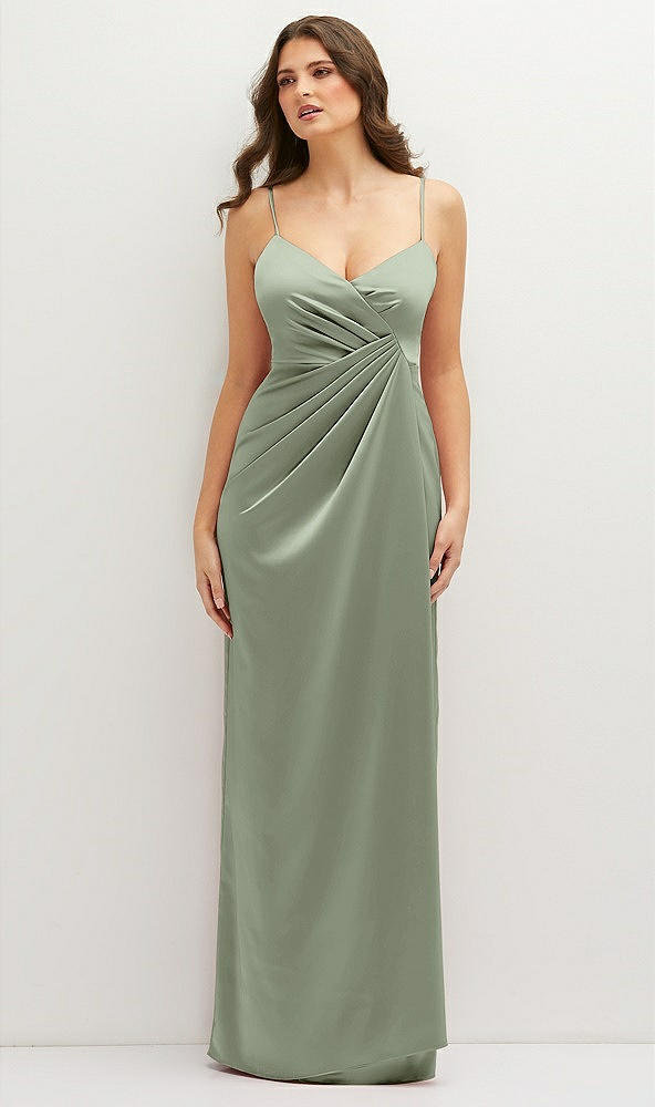Front View - Sage Asymmetrical Draped Pleat Wrap Satin Maxi Dress