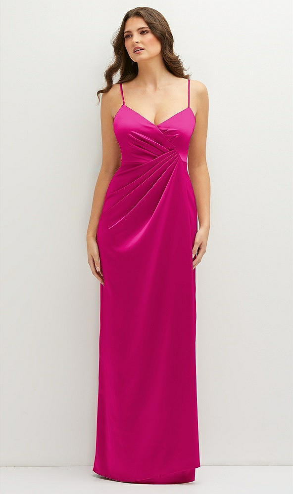 Front View - Think Pink Asymmetrical Draped Pleat Wrap Satin Maxi Dress